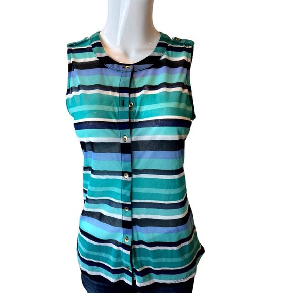 The Limited Women Striped Button-Up Top Sleeveless Round Neck Blue Black Size S - Picture 2 of 5